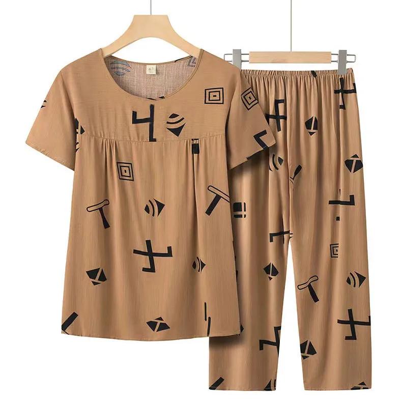 Conjunto Casual de Verão Plus Size Feminino para Idosos, Gola Redonda, Pulôver Solto + Calça de Sete Pontos, Seção Fina, Conjunto de Duas Peças