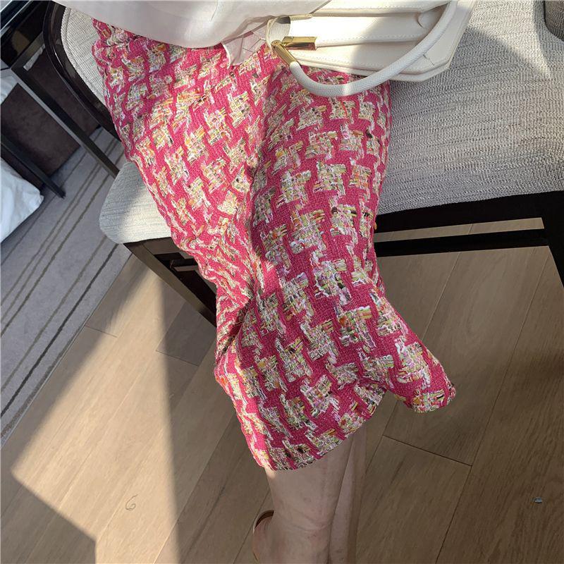 Women's Plus Size Pink Tweed Plaid Midi Pencil Skirt with Slit