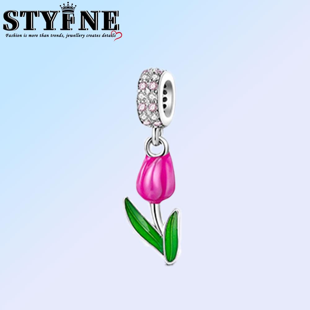 Copper Bouquet Romantic Flower Pink Purple Tulip Charm Carnation Beads Fit Original Bracelets For Jewelry Making Diy Gifts