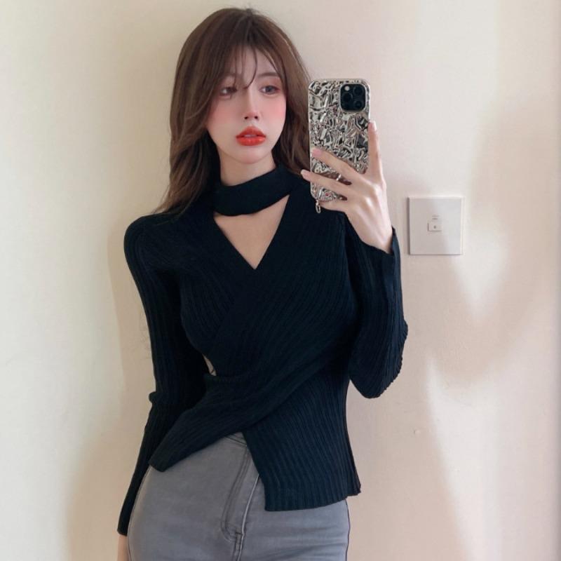 Cross-neck neck knitted sweater women's autumn and winter irregular unique chic top with sweater bottoming shirt