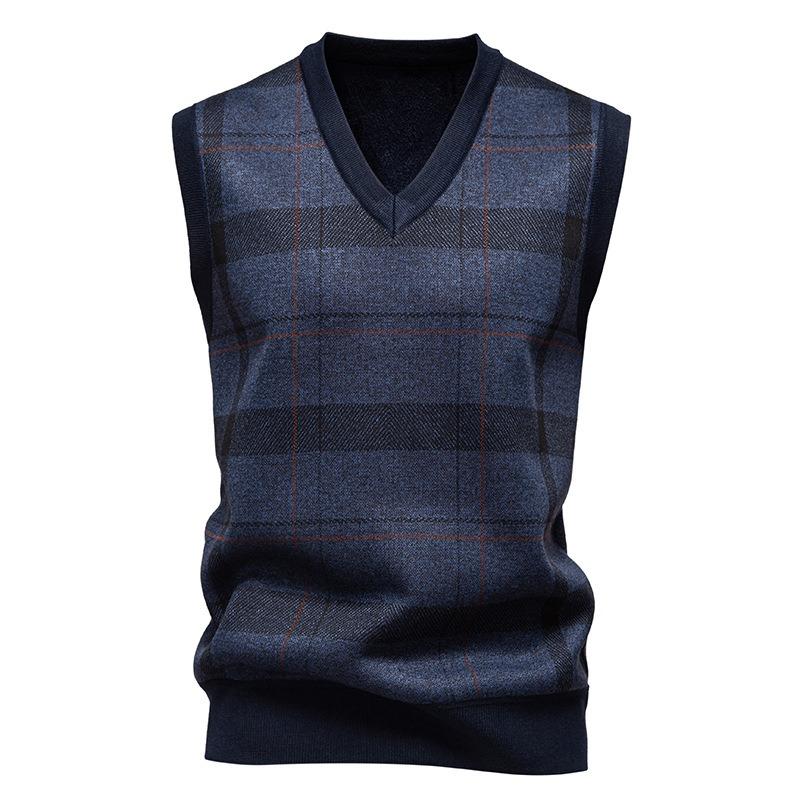 Men Thickened Fleece Plaid Loose Pullover Sleeveless Knit Sweater Vest