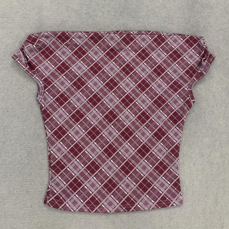 Red and white checkered slanted shoulder short retro spicy girl style one line off shoulder slim fit T-shirt