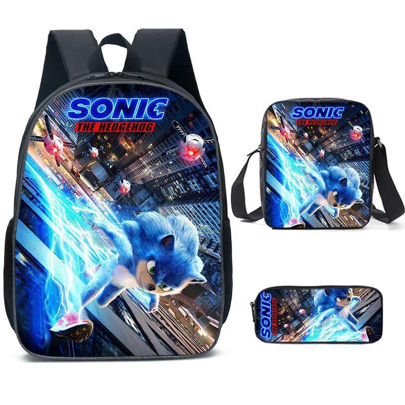Sonic Primary School Student Schoolbag Three-Piece Set, Animation Cartoon Backpack, Shoulder Bag Pencil Case