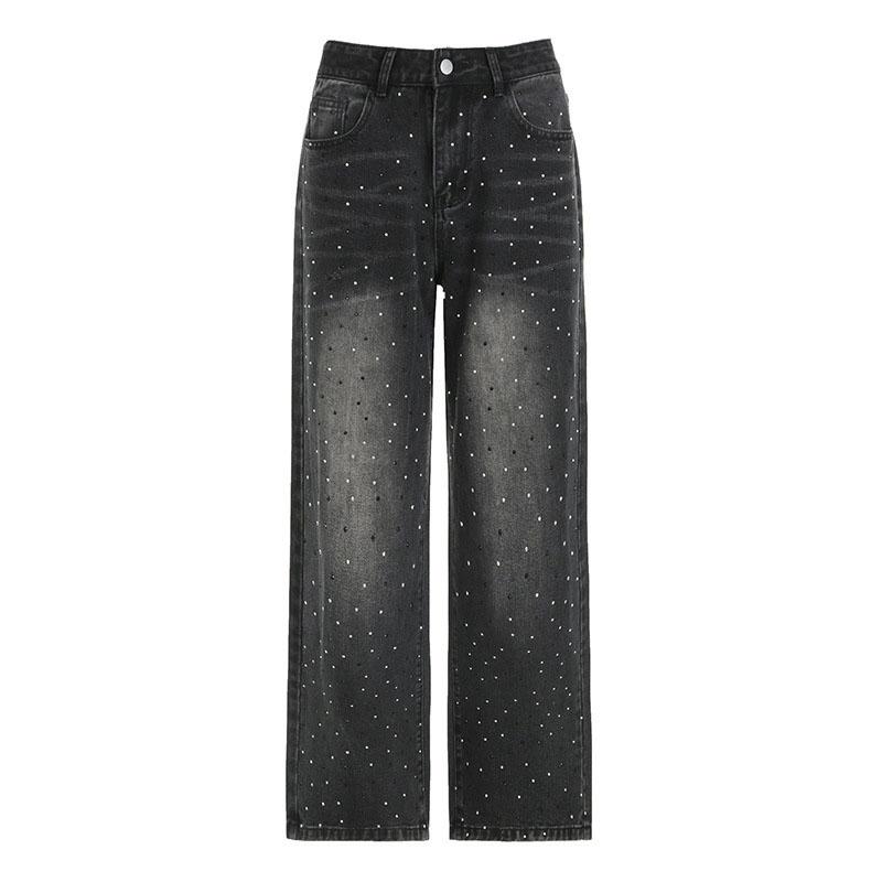 Retro High Waist Loose Fit Rhinestone Distressed Denim Pants Fashionable Casual Trousers Spring Summer New Arrival Women's Jeans