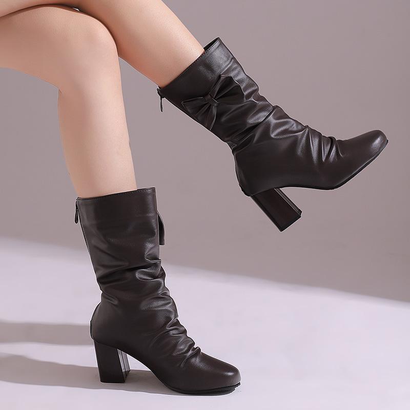 Women's High-heeled Boots Autumn and Winter New Thick-heeled Solid-color Large-size Medium Boots