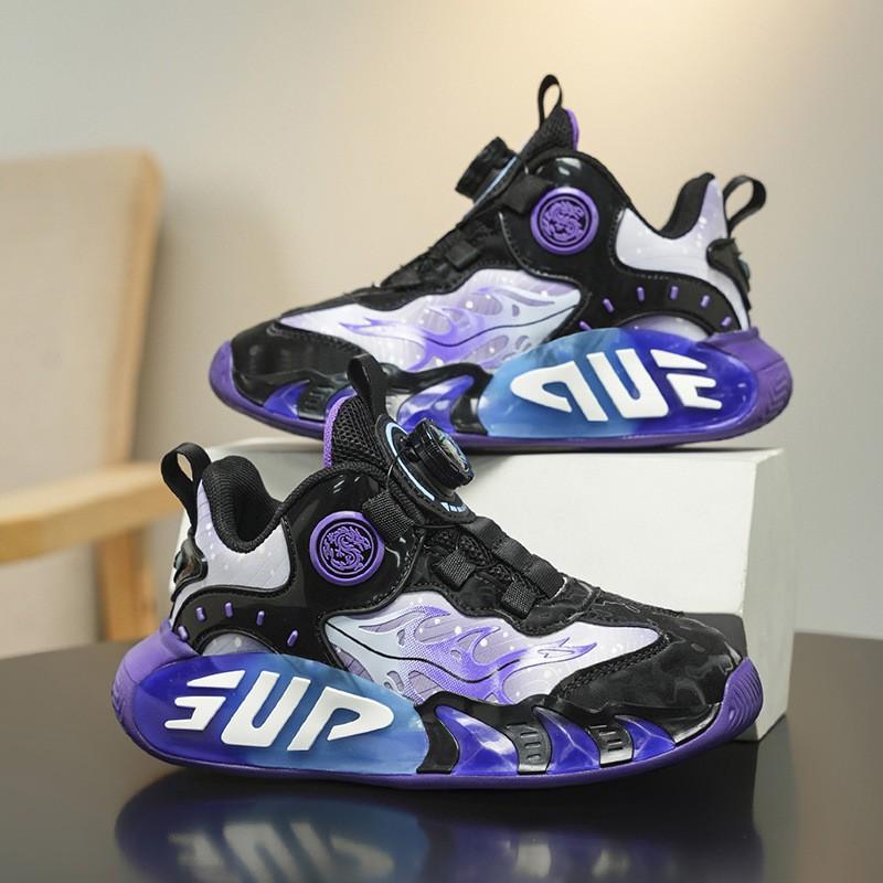 Kids Basketball Shoes Boys Girls Lightweight Synthetic Leather Sneakers With Rotating Buckle
