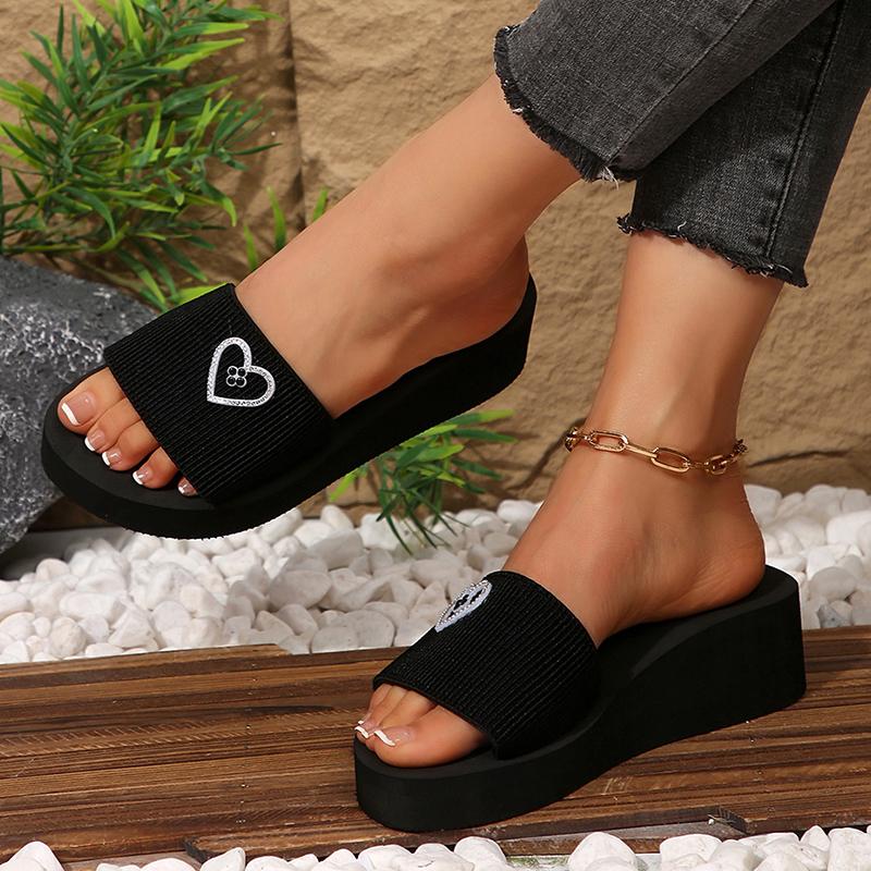 Fashion Pearl Butterfly Decor Wedge Slippers for Women Black Elastic Cloth Platform Sandals Woman Summer Comfort Non Slip Beach Slides