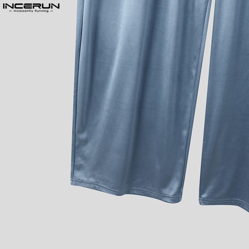 INCERUN Men's Elastic Waist Smooth Shiny Long Wide Legs Pants Trousers and White Semi-Sheer