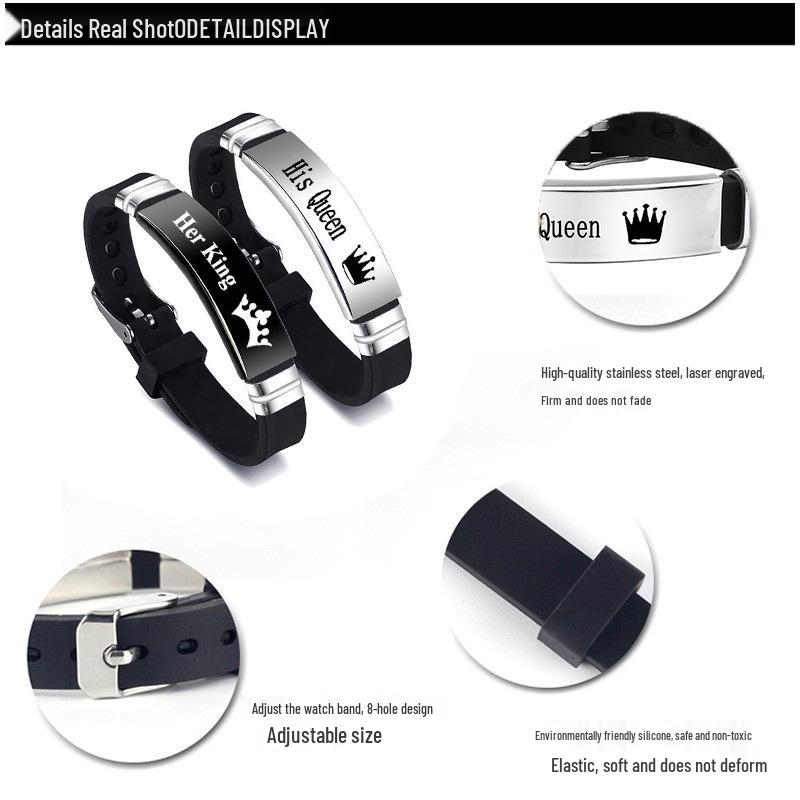 King & Queen Romantic Crown Couples Bracelet - Stainless Steel & Silicone