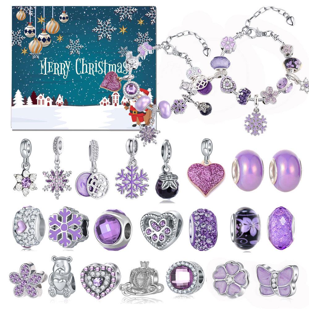 

Purple Series DIY Christmas Snowflake Beaded Ornaments Countdown Calendar & Heart Charm Bracelet Blind Box