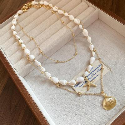 Colar Boho em Camadas com Pérola, Estrela-do-mar e Concha Choker Tema Oceano Para Mulheres Joias de Férias na Praia de Verão