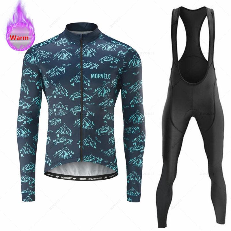 Morvelo-Thermal Fleece Cycling Jerseys Set for Men, MTB Bike Clothes, Warm Bicycle Clothing,2026 Velvet Warm Cycling Suit Set