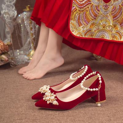 Red High-heeled Wedding Shoes Women's New Straps Beaded Bride Toasting Xiuhe Wedding Dress Two Wear Not Tired Feet Women's Shoes