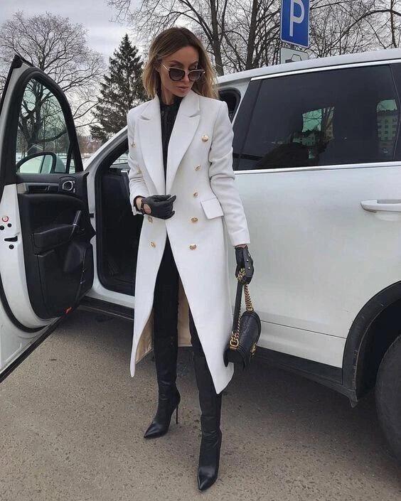 

Стильное длинное миди-пальто из натуральной овчины, белый кожаный тренч для женщин S