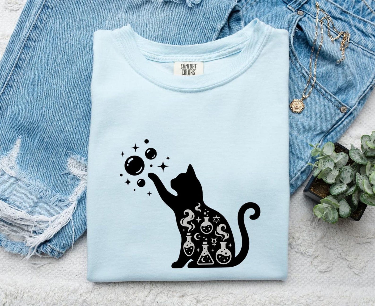 Cat Outline Shirt Cat Spells Gift Women Simple Tee Kitten T-Shirt Cat Fan Feline Tshirt Magic Graphic Fantasy Magic Bottles Tshirt S