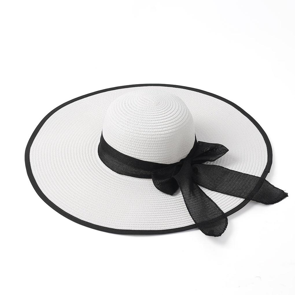 Ribbon Beach Hat Floppy Wide Brim Summer Hat White