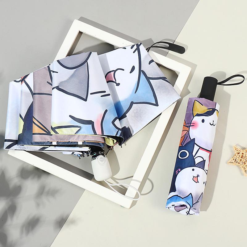 New Automatic Umbrella Rain and Shine Vinyl Graffiti Cartoon Cute Sun Umbrella Creative Korean Version Tri-fold Umbrella