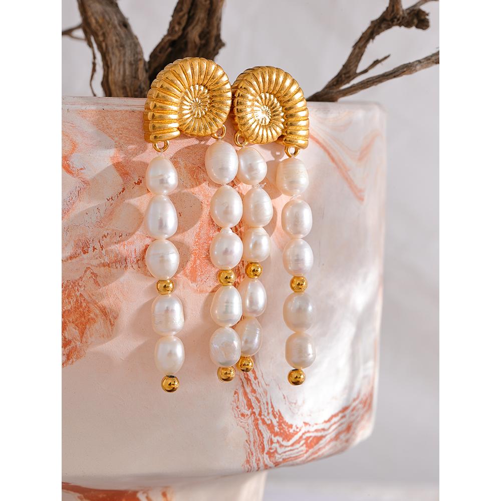 Yhpup Luxury Waterproof Natural Freshwater Pearls Tassel Drop Stainless Steel Shell Earrings Handmade Premium Jewelry Women Gift