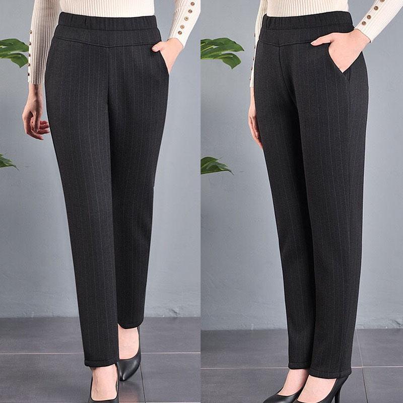 Women's Clothing Fashion Plus Fleece Plaid Pants Autumn Winter Casual Warm Elastic Waist Straight Trousers for Female