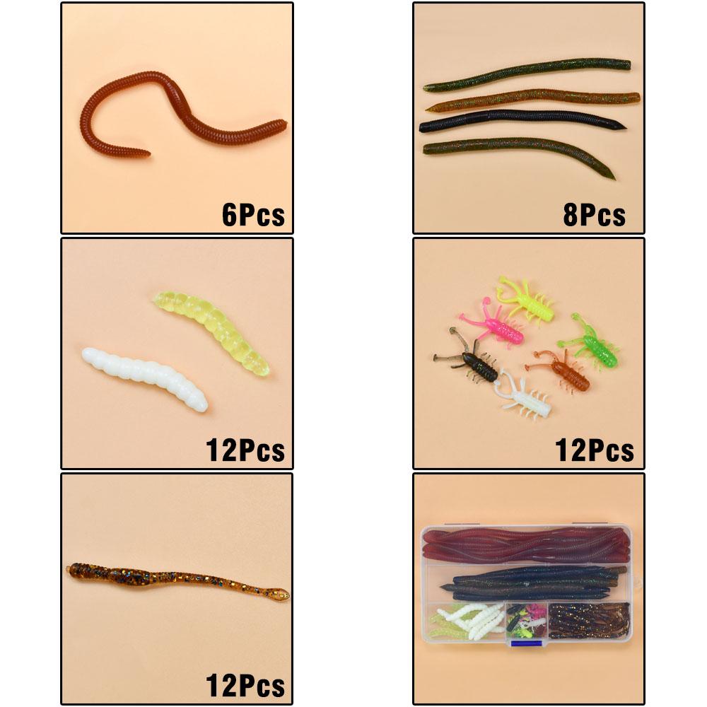 50Pcs/Box Soft Plastic Fishing Lure Kit Worm Shrimp Grub Bionic Silicone Bait Box Set, Freshwater Saltwater Bass Trout Carp