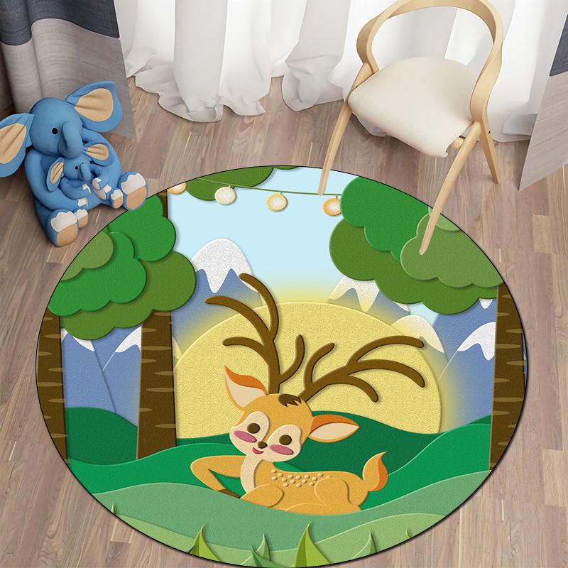Floor Mat Living Room Rug Children's Crawling Play Area Mat Anime Carpet Door Mat Forest Fawn Round Rug