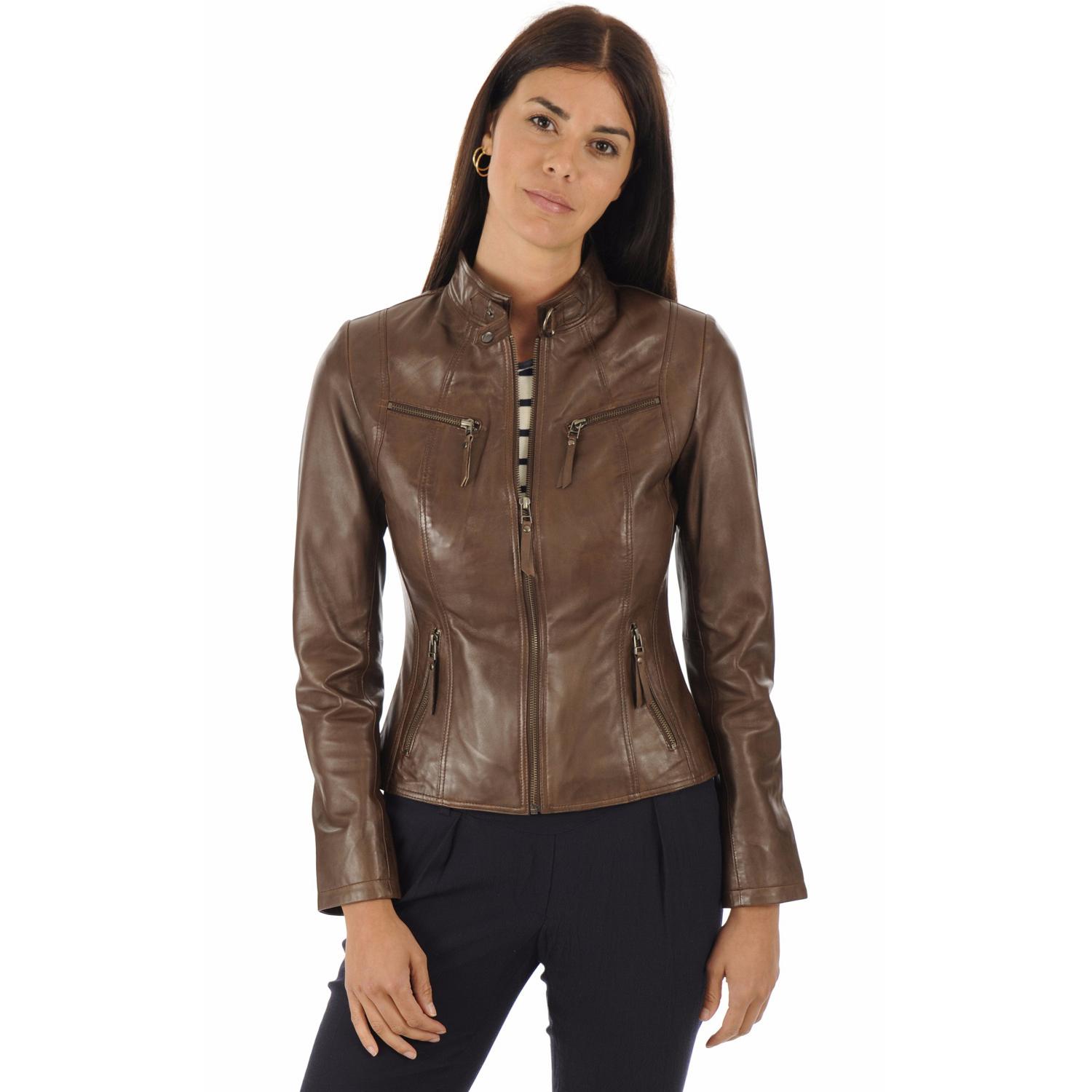 

SKINOUTFIT Women Brown Leather Jacket Real Lambskin Leather Biker Motorcycle Jacket Coat XL коричневий