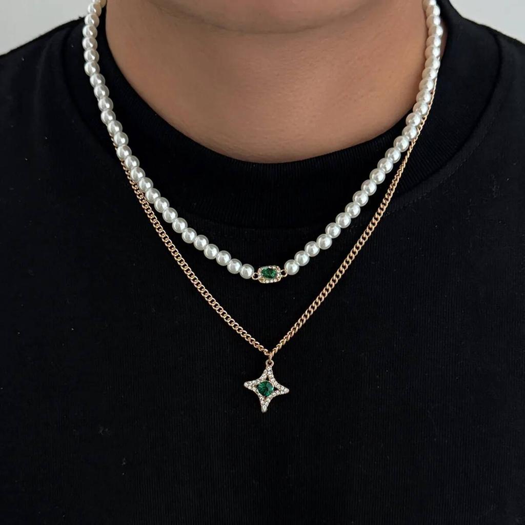 KunJoe 2 st/set Retro Imitationspärlhalsband för män Hip Hop Grön Strass Stjärnhänge Halsband Smycken Nytt