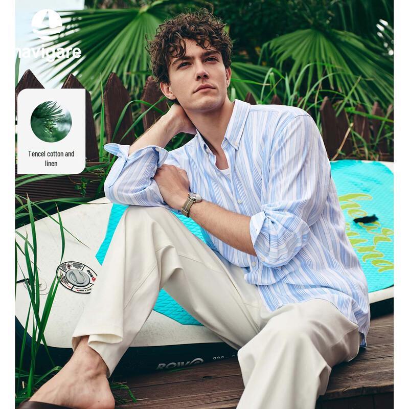 Navigare Men s Striped Loose-Fit Long-Sleeve Cotton Linen Shirt 2L/42