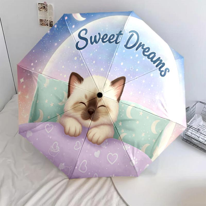 1 PC Automatic Folding Umbrella - Sleeping Cute Cat Pattern, Portable & Foldable Design with 8 Ribs, Christmas Birthday Gifts