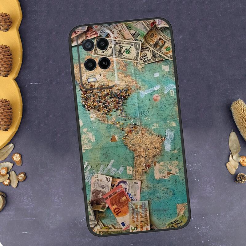 World Map Travel Phone Case For Oppo A96 A16 A76 A78 A58 A18 A38 A98 A17 A77 A80 A40 A60 A74 A94 A54 A15 A57S