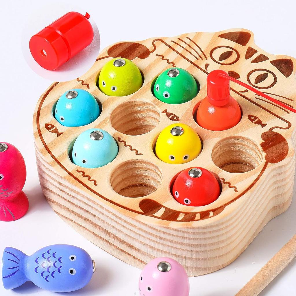 Montessori Magnetic Wooden Fishing Game for Toddlers 1-3 Years Old,Fine Motor Skills Early Learning Eyes Hands Cooperation Toy for Boys & Girls Great