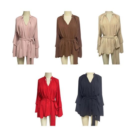 Summer Ruffle Long Sleeve Dress for Women Casual V Neck A-line Swing Mini Dress with Belt Irregular Vacation Dress