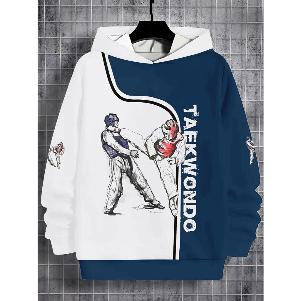 Boys' 3D Printed Casual Pullover Sweatshirt, Boys' Outdoor Taekwondo Casual Hoodie Top Hooded Sweatshirt