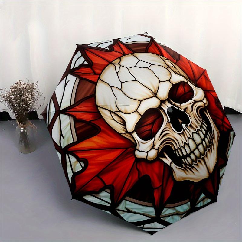 Stained Skull with Red Leaves DecorUmbrella, Portable 3-Fold Compact Umbrella,Christmas Gift ES653