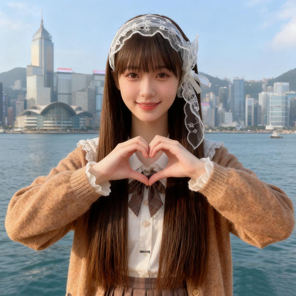 Douyin Lace Bow Headband Long Straight Wig for Girls - Black Full Cover Hairstyle