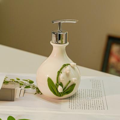 Handmade Ceramic Lily of the Valley Lotion Pump Dispenser for Bathroom Shampoo Soap Shower Gel Refillable Bottle Home Decor