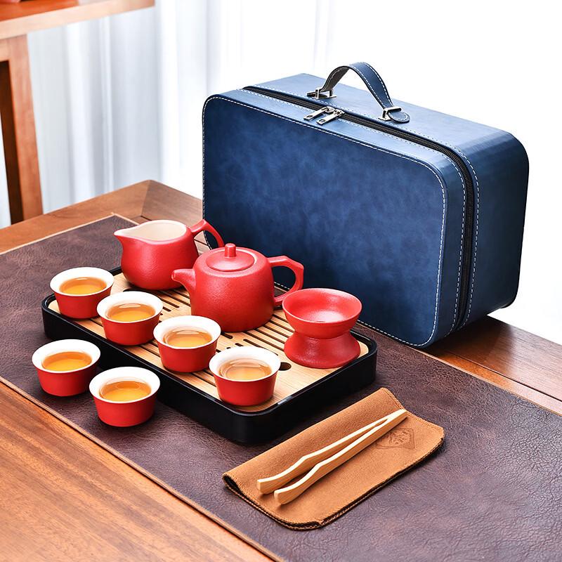 Zhuijia Black Pottery Travel Tea Set with Bamboo Tray (Blue Gift Box)