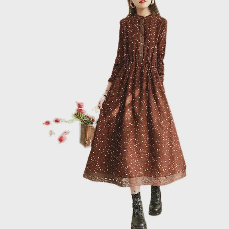 Vestido Maxi Retro Floral con Encaje de Otoño 2024: Adelgazante, Estilo Holgado Forestal