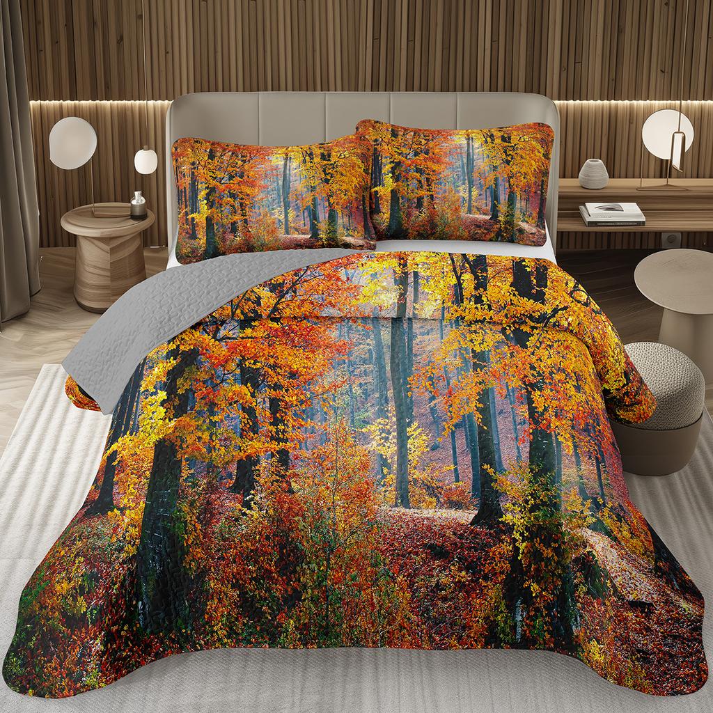 Fall Leaves Bedspread Set Queen/Twin, Autumn Maple Leaf Quilt Set, Soft Lightweight Botanical Coverlet, Rustic Farmhouse Bedding