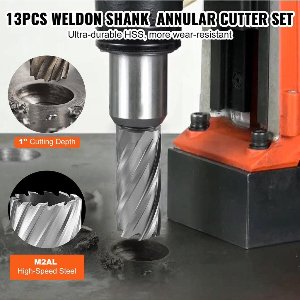 Annular Cutter Set, 13 pcs Weldon Shank Mag Drill Bits, 2" Cutting Depth, 7/16" to 1-1/16" Cutting Diameter, M2AL HSS, with 2 Pilot Pins, Hex Wrench