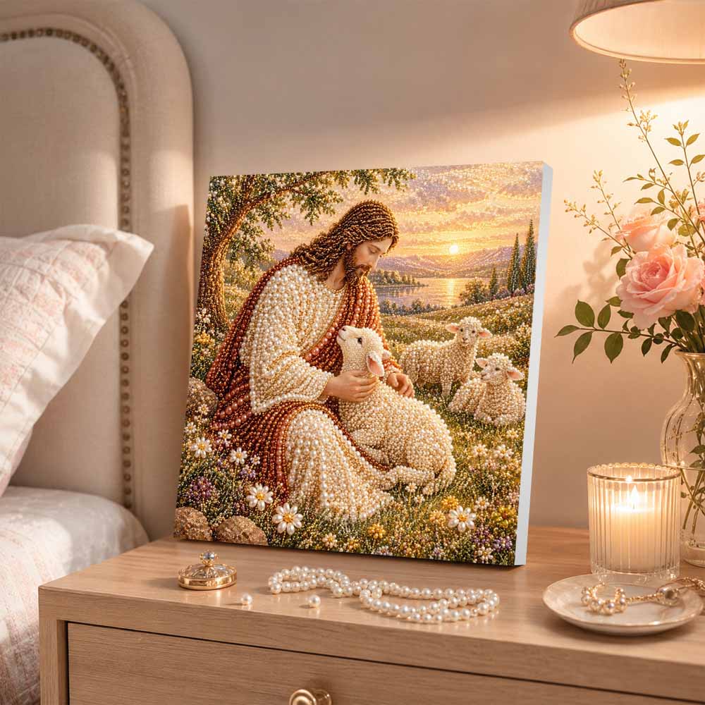 Jesus and Lamb Pearl Painting 5D DIY Decorative Painting. Elegant Birthday Gift. Handmade Art Painting
