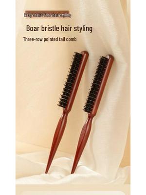 Wooden Three-Row Boar Bristle Styling Comb with Pointed Tail for Updo and Teasing Curly Hair