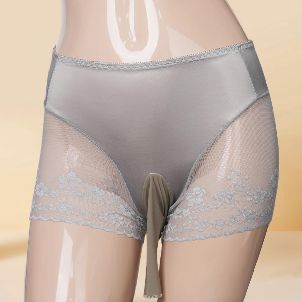 Sexy Satin Shiny Mesh Patchwork Panties Lace Boxer Exotic Crotch Style Underwear Sheer See Through Unisex Underpants