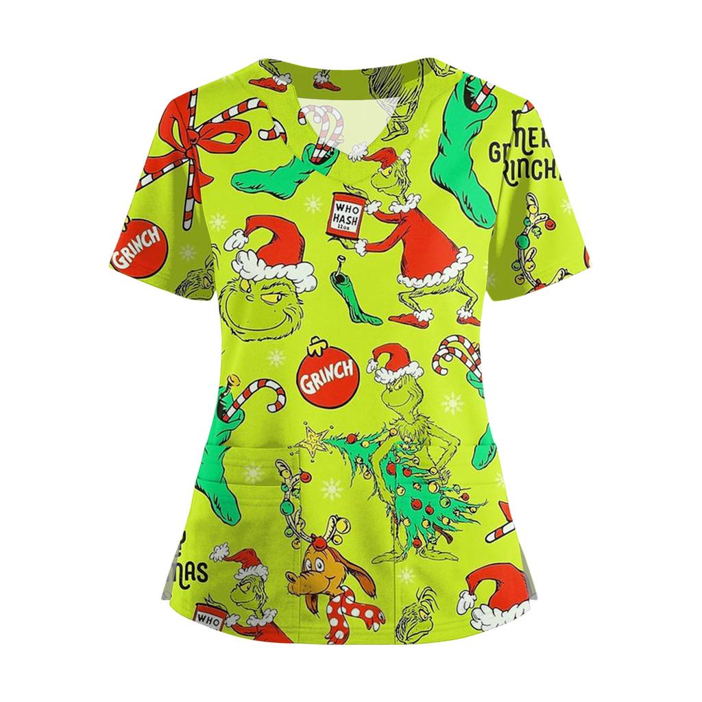 Women's Short Sleeved Christmas Printed V-neck Buttonable Side Slit Top T-shirt