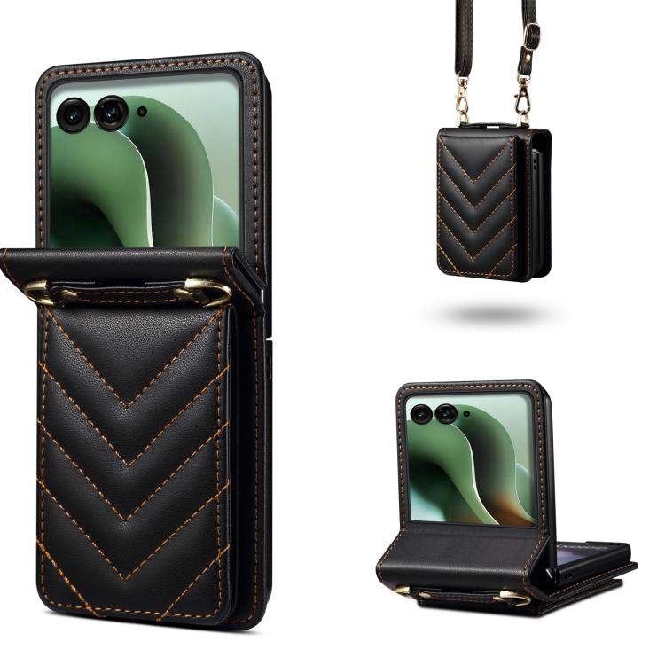 Rhombic Folding Leather Phone Case with Long Lanyard marrone