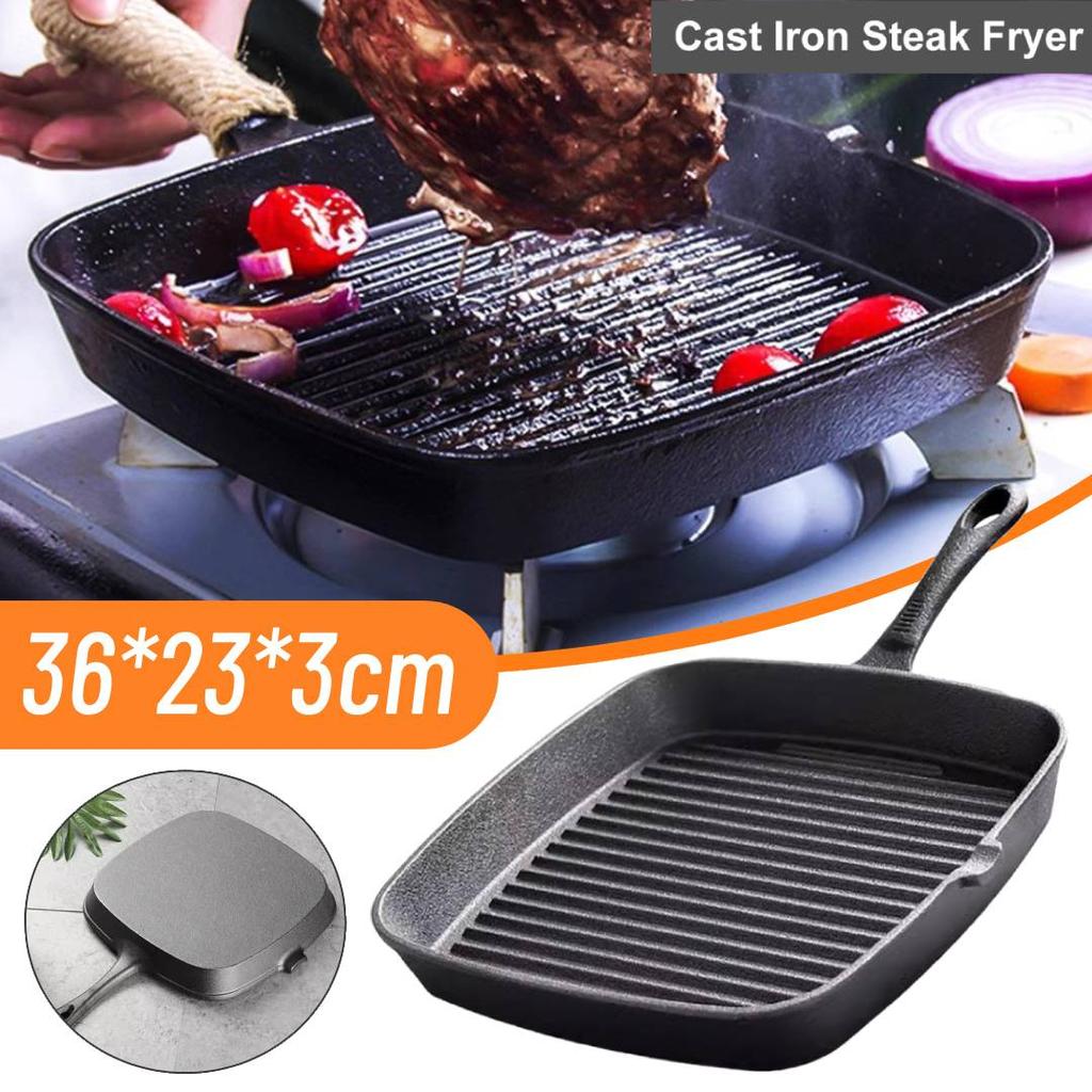 Cast Iron Steak Frying Pan Non-coated Steak Skillet Non-stick Thickened Fish Frying Pan Square Stripes Pan Kitchen Supplies Home