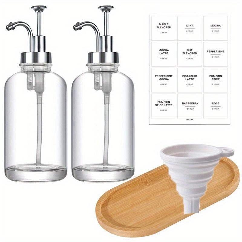 

1set Upgraded Pump Liquid Dispensers,Coffee Syrup&Hand Soap&Lotion Precise Dispensing Portable Clear Glass Bottles, Send trays, stickers, funnels. 1 Set