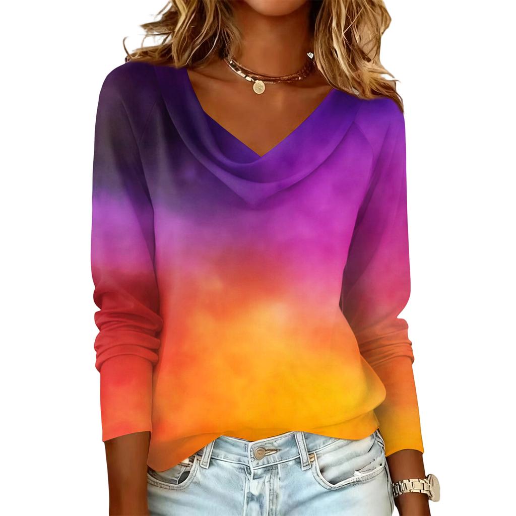 Damen lässiges Mode-Pulloveroberteil mit Langarm, kreuzgefärbt und bedruckt