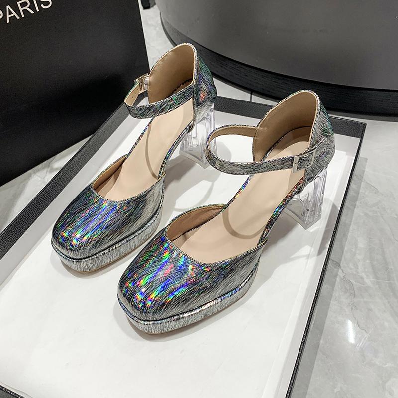 Fashion Patent Leather High Heels Sandals Women Summer 2024 Chunky Platform Party Sandals Woman Clear Thick Heeled Ankle Straps Pumps