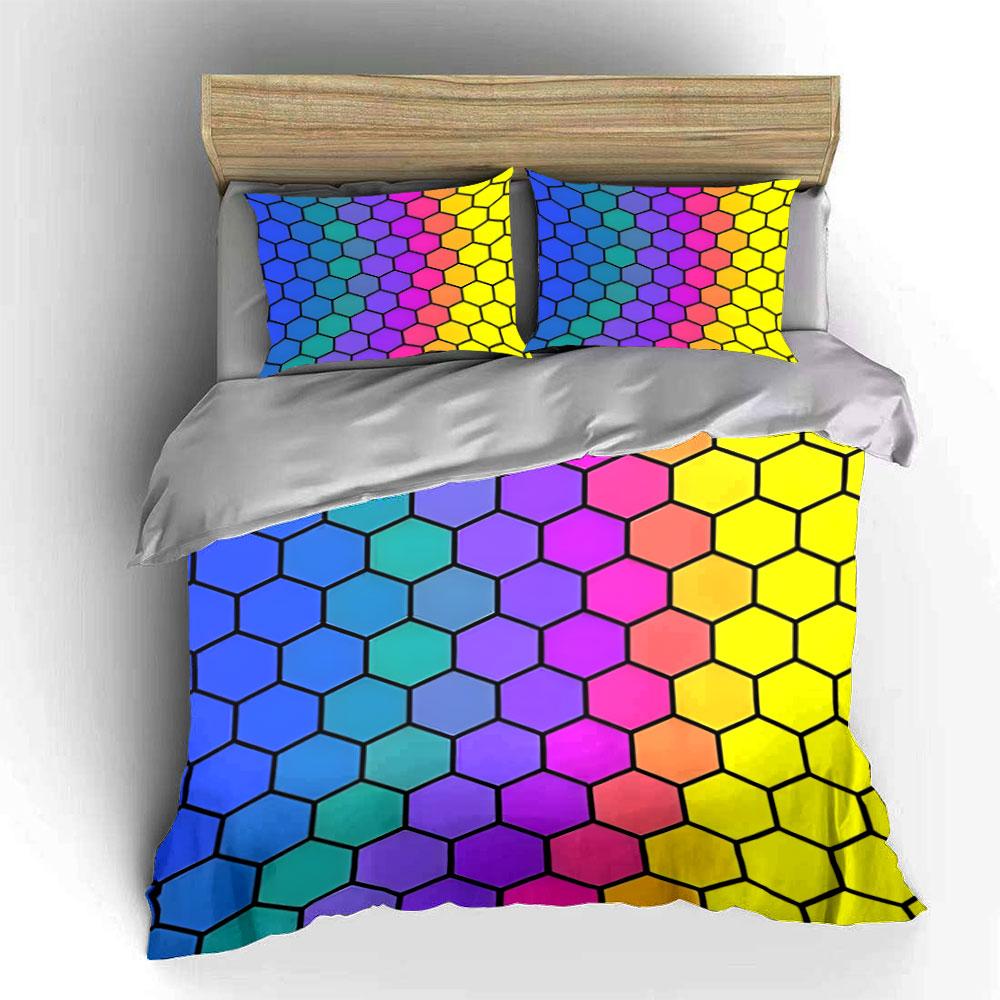 Regenbogen-Waben-Bettwäsche-Set, Farbverlauf schillernder Sechseck-Druck-Set mit 1 Bettbezug 2 Kissenbezügen Einzelbett Doppelbett King Queen
